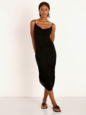 Indah Cloud Gathered Side Black Spaghetti Strap Bamboo Midi Dress Size Small